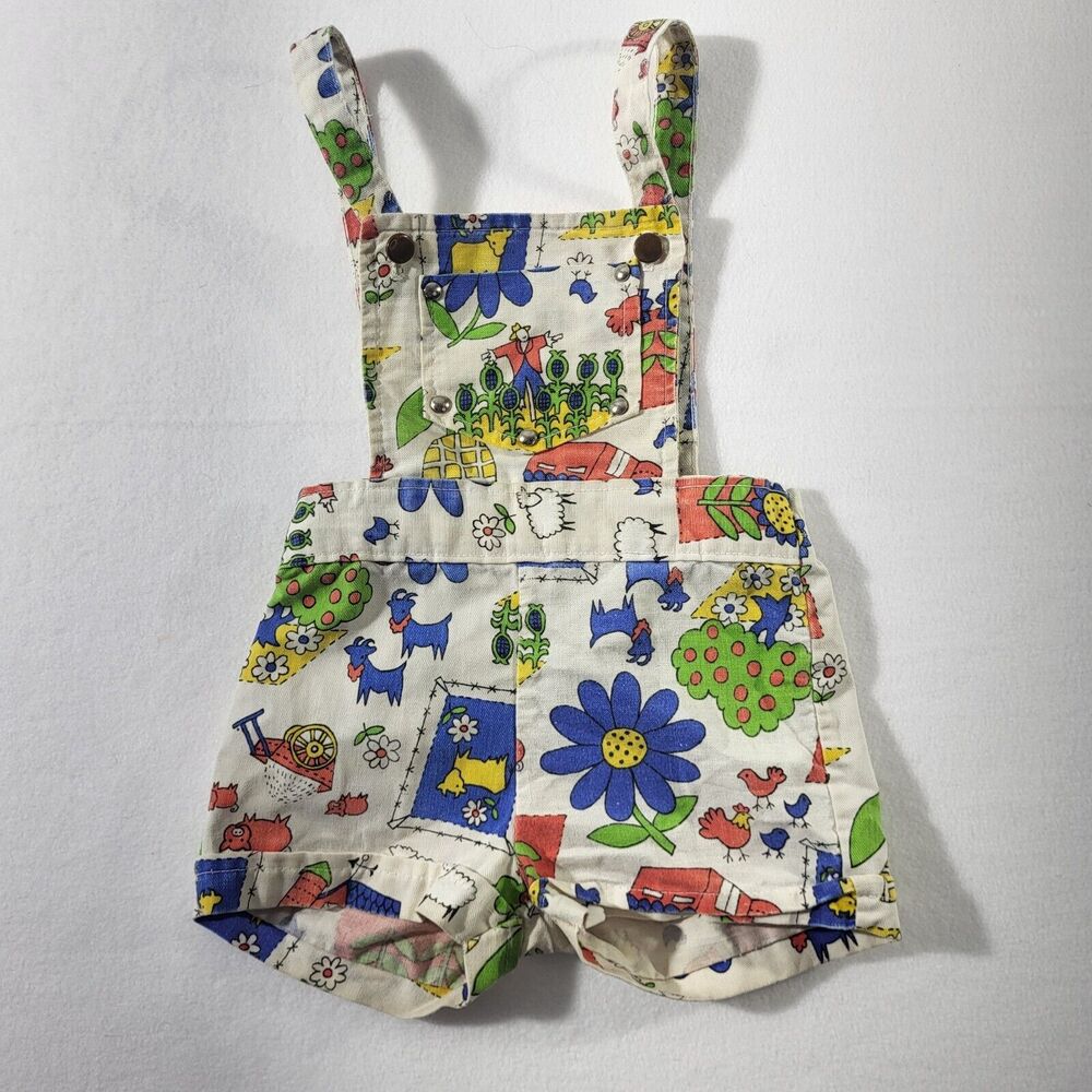 Vintage Toddler Boys Blue Red Farm Animals   Romper